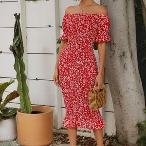 SHEIN off shoulder ruffle floral midi dress